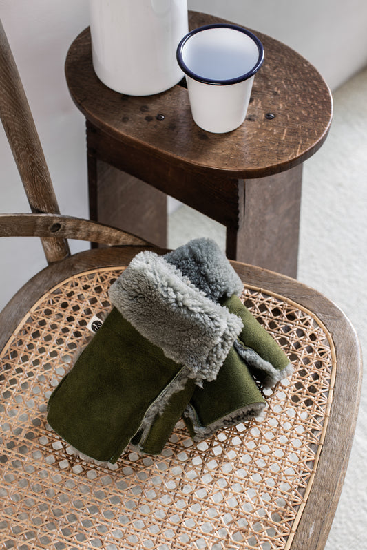 Fingerless Sheepskin Mittens Olive & Tan